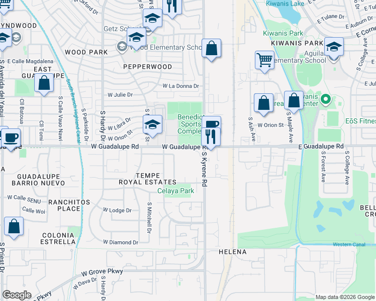 map of restaurants, bars, coffee shops, grocery stores, and more near 6421 South Wilson Street in Tempe