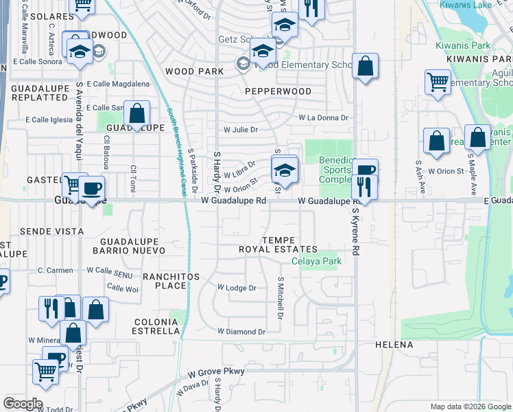 map of restaurants, bars, coffee shops, grocery stores, and more near 730 West Paseo Way in Tempe
