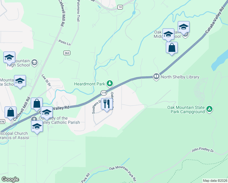 map of restaurants, bars, coffee shops, grocery stores, and more near 1409 Oakridge Drive in Birmingham