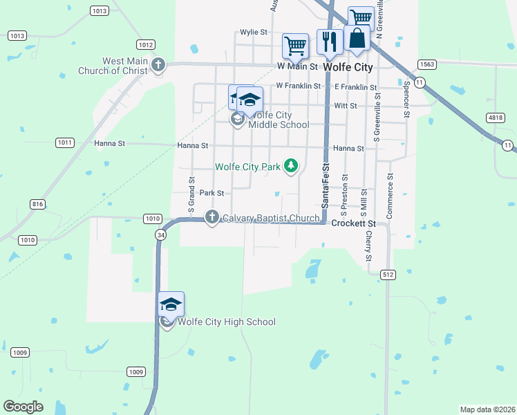 map of restaurants, bars, coffee shops, grocery stores, and more near 410 Crockett Street in Wolfe City