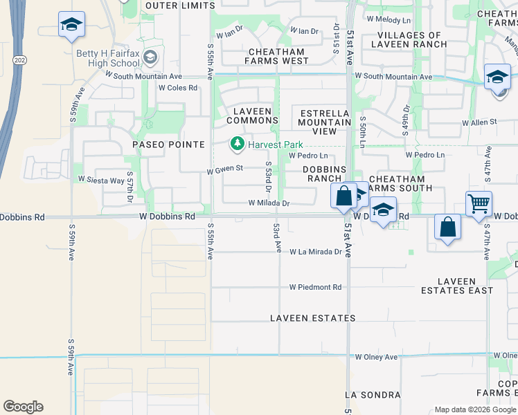 map of restaurants, bars, coffee shops, grocery stores, and more near 5335 West Milada Drive in Phoenix