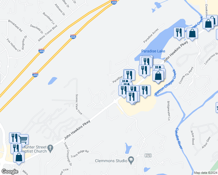 map of restaurants, bars, coffee shops, grocery stores, and more near 5000 Paradise Lake Circle in Hoover