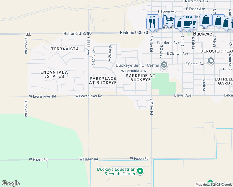 map of restaurants, bars, coffee shops, grocery stores, and more near 9122 South 253rd Drive in Buckeye