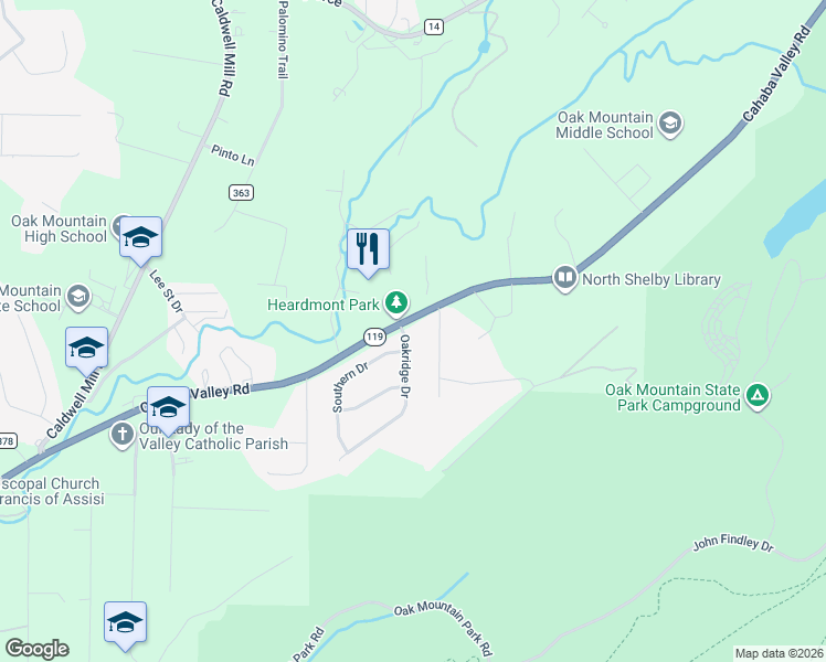 map of restaurants, bars, coffee shops, grocery stores, and more near 1409 Oakridge Drive in Birmingham