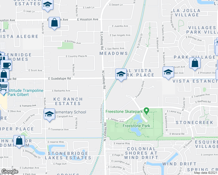 map of restaurants, bars, coffee shops, grocery stores, and more near 765 North Lindsay Road in Gilbert