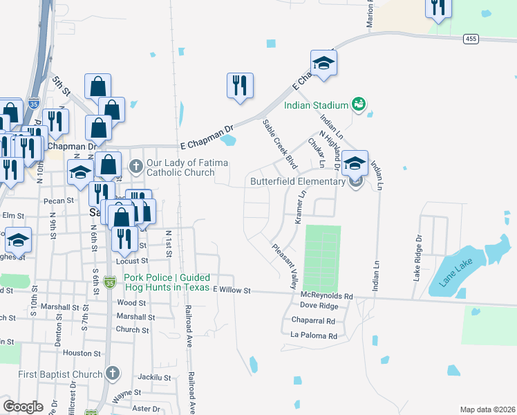 map of restaurants, bars, coffee shops, grocery stores, and more near 1 Covey Ln in Sanger