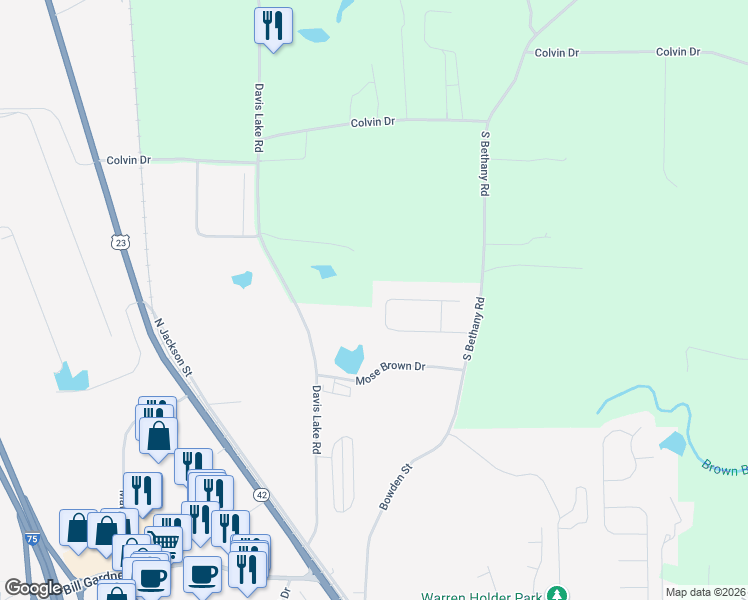 map of restaurants, bars, coffee shops, grocery stores, and more near 153 Jodi Place in Locust Grove