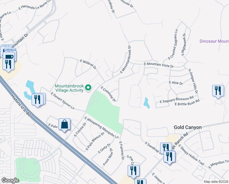 map of restaurants, bars, coffee shops, grocery stores, and more near 5719 South Creosote Drive in Gold Canyon