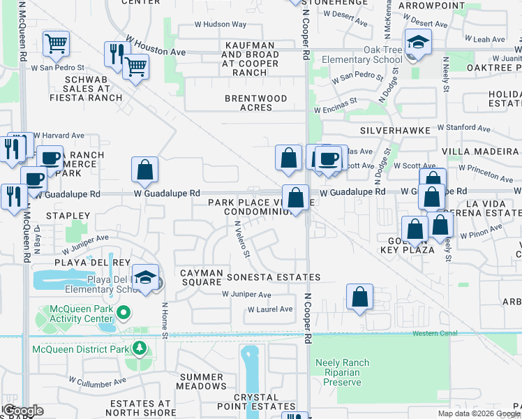 map of restaurants, bars, coffee shops, grocery stores, and more near 931 West Aspen Way in Gilbert