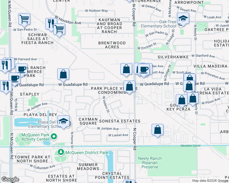 map of restaurants, bars, coffee shops, grocery stores, and more near 931 West Aspen Way in Gilbert
