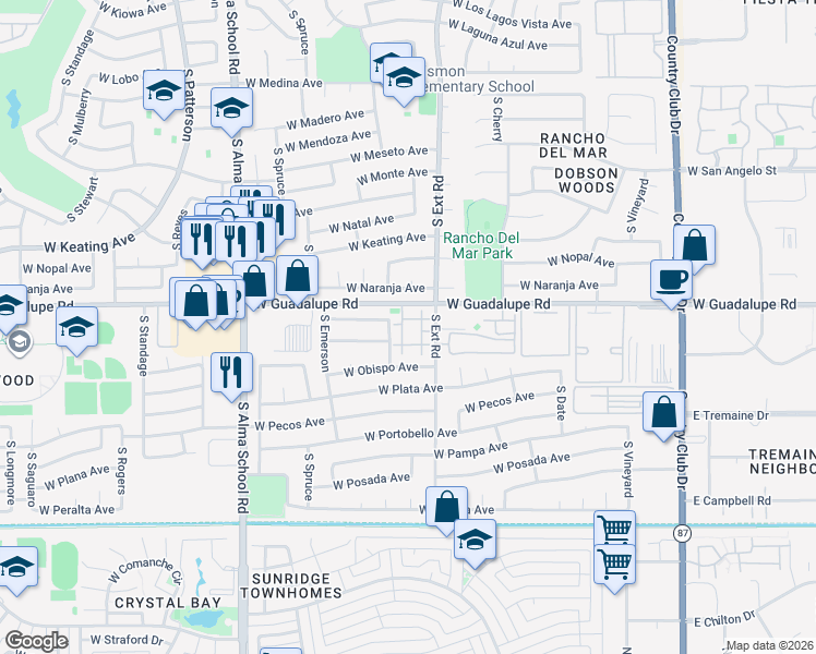 map of restaurants, bars, coffee shops, grocery stores, and more near 2834 South Extension Road in Mesa