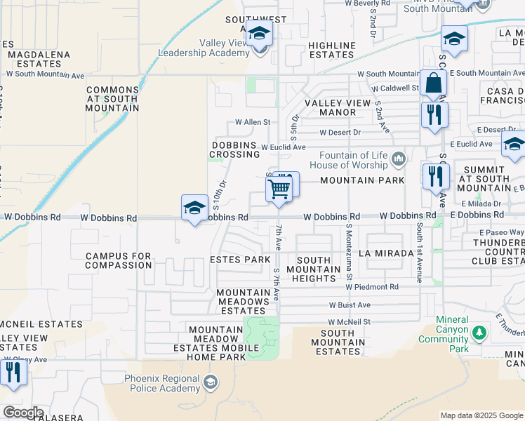 map of restaurants, bars, coffee shops, grocery stores, and more near 723 West Dobbins Road in Phoenix