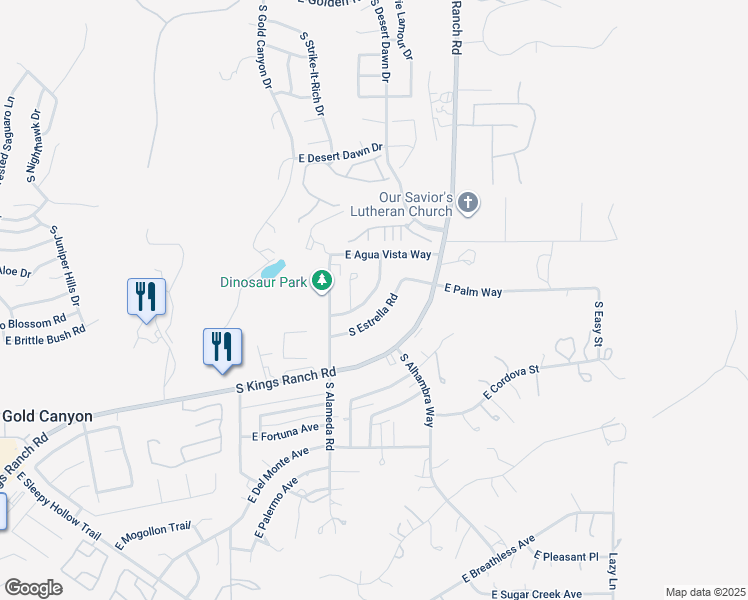 map of restaurants, bars, coffee shops, grocery stores, and more near 5699 South Jacaranda Road in Gold Canyon