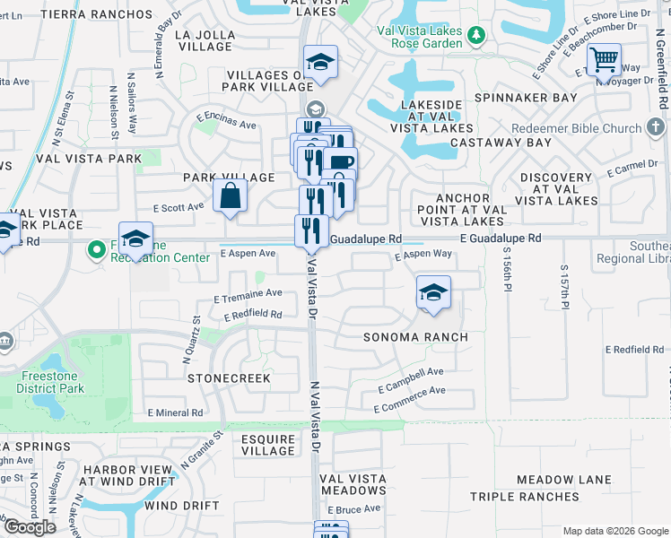 map of restaurants, bars, coffee shops, grocery stores, and more near 1645 East Barbarita Avenue in Gilbert