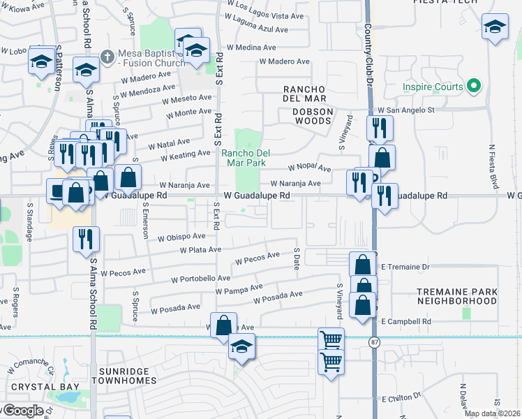 map of restaurants, bars, coffee shops, grocery stores, and more near 2855 South Extension Road in Mesa