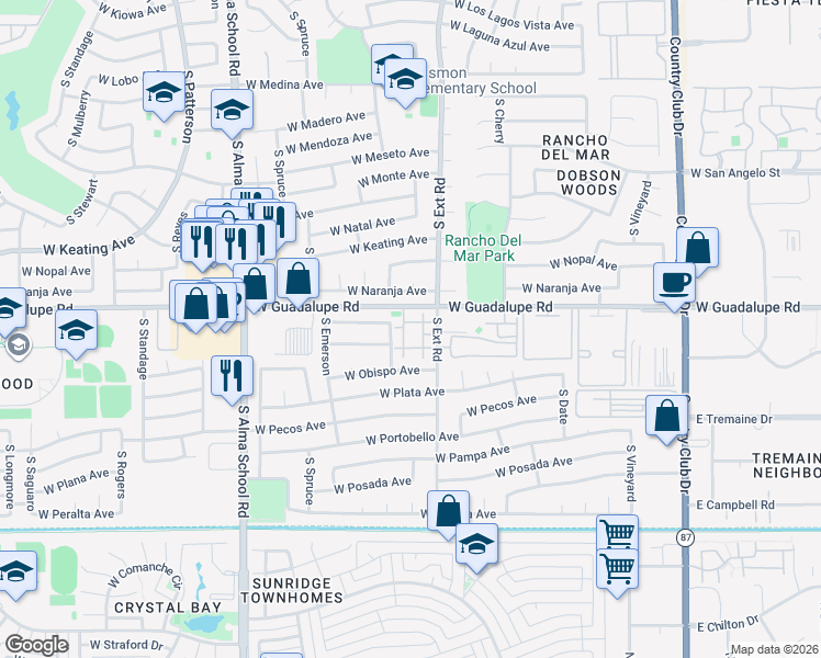 map of restaurants, bars, coffee shops, grocery stores, and more near 2834 South Extension Road in Mesa