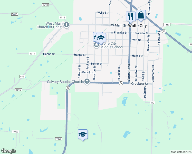 map of restaurants, bars, coffee shops, grocery stores, and more near 410 Crockett Street in Wolfe City