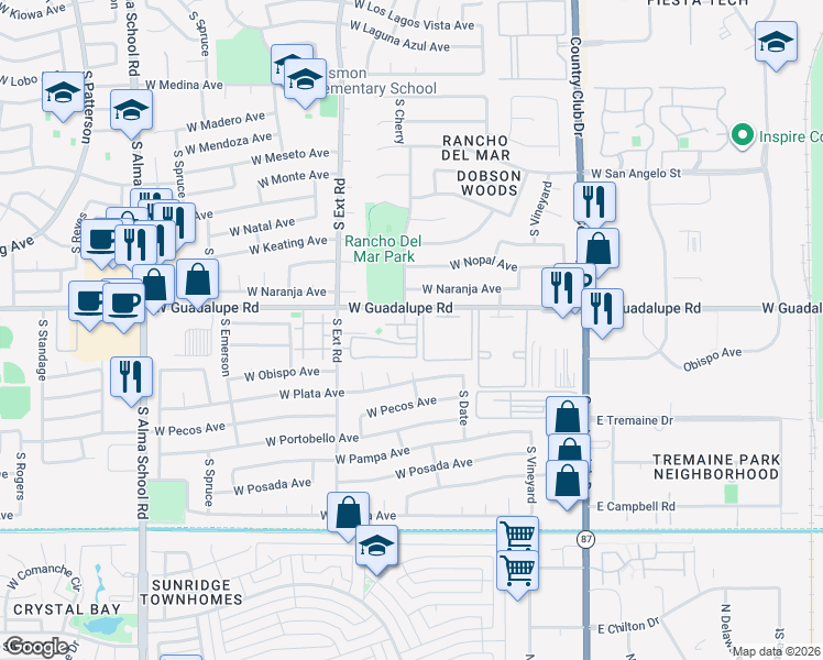 map of restaurants, bars, coffee shops, grocery stores, and more near 653 West Guadalupe Road in Mesa