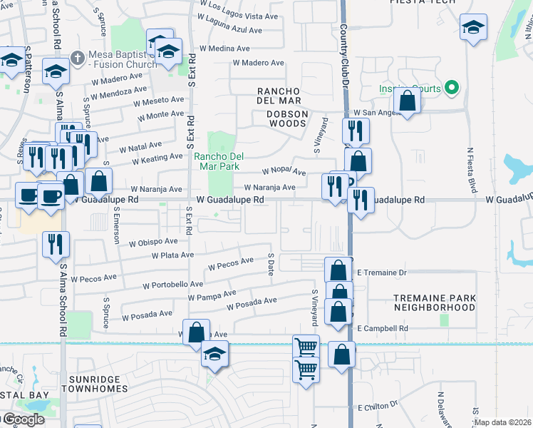 map of restaurants, bars, coffee shops, grocery stores, and more near 623 West Guadalupe Road in Mesa