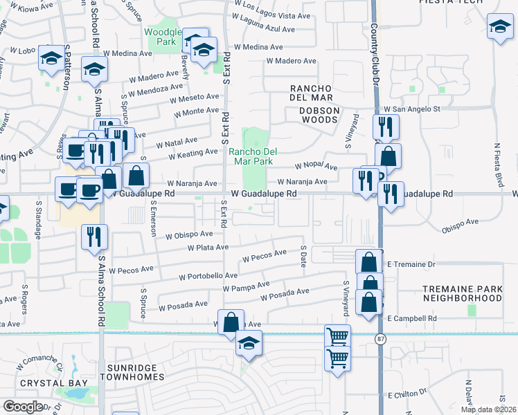 map of restaurants, bars, coffee shops, grocery stores, and more near 2855 South Extension Road in Mesa