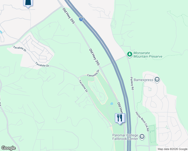 map of restaurants, bars, coffee shops, grocery stores, and more near Pala Lake Drive & Canonita Drive in Fallbrook