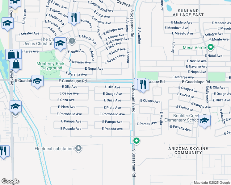 map of restaurants, bars, coffee shops, grocery stores, and more near 7452 East Onza Avenue in Mesa