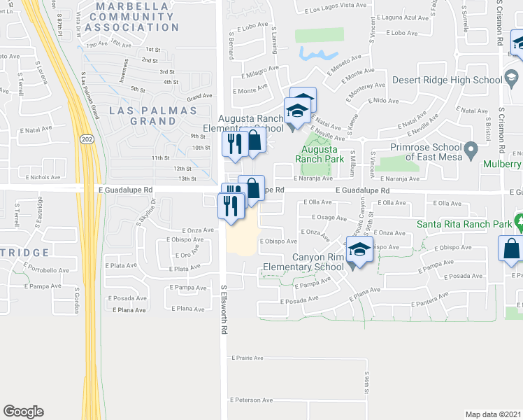 map of restaurants, bars, coffee shops, grocery stores, and more near 9308 East Osage Avenue in Mesa