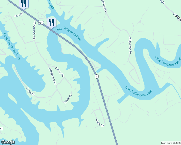 map of restaurants, bars, coffee shops, grocery stores, and more near 289 Pleasure Point Road in Wedowee