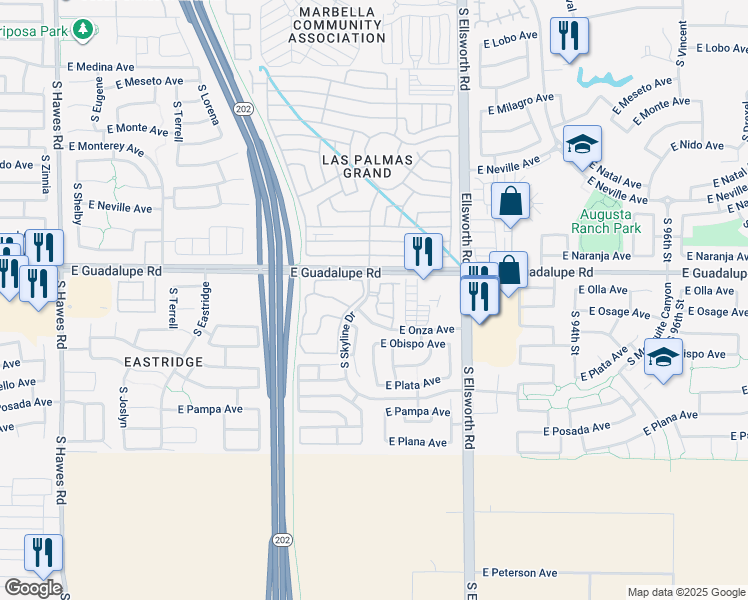 map of restaurants, bars, coffee shops, grocery stores, and more near 8944 East Obispo Avenue in Mesa