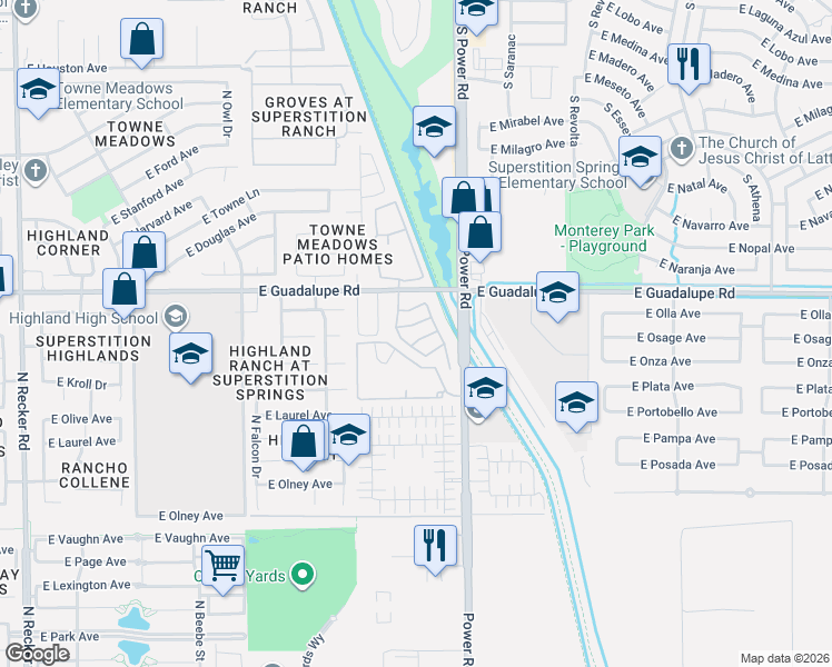 map of restaurants, bars, coffee shops, grocery stores, and more near 706 North Blackbird Drive in Gilbert