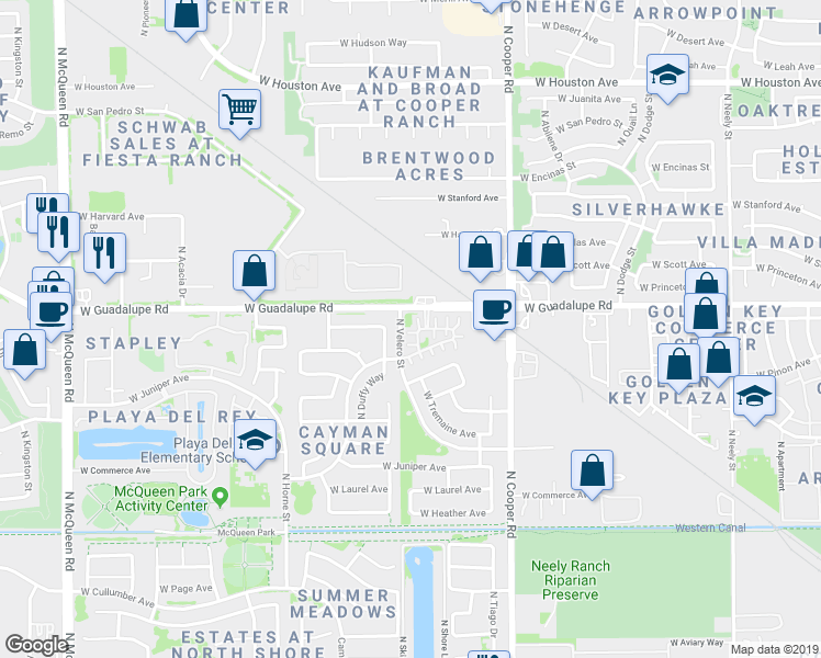 map of restaurants, bars, coffee shops, grocery stores, and more near 730 North Velero Street in Gilbert