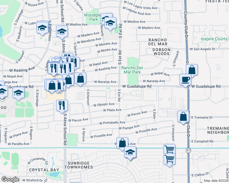 map of restaurants, bars, coffee shops, grocery stores, and more near 2834 South Extension Road in Mesa