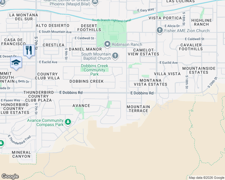 map of restaurants, bars, coffee shops, grocery stores, and more near 1346 East Paseo Way in Phoenix