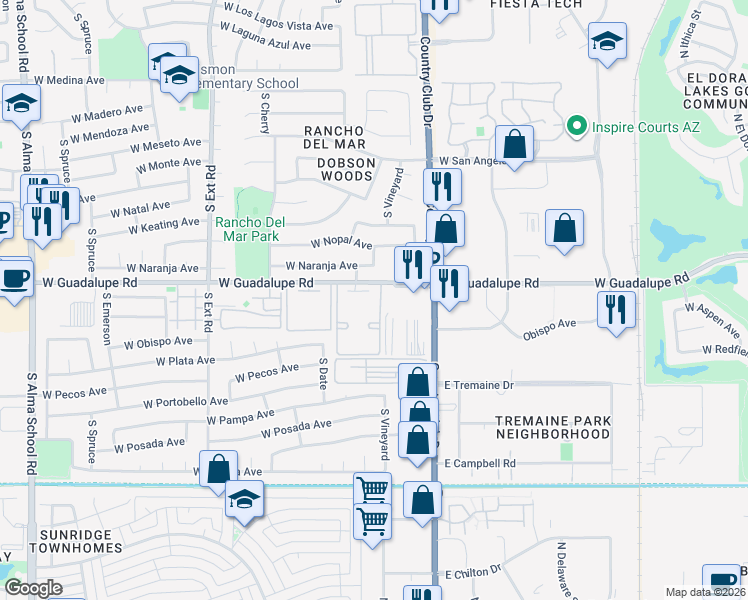 map of restaurants, bars, coffee shops, grocery stores, and more near 2850 South Country Club Drive in Mesa
