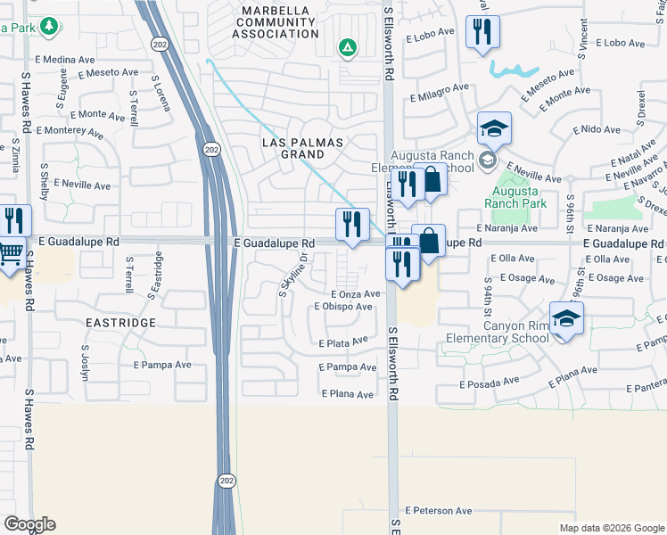 map of restaurants, bars, coffee shops, grocery stores, and more near 2821 South Skyline Drive in Mesa