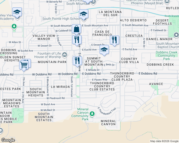 map of restaurants, bars, coffee shops, grocery stores, and more near 125 East Milada Drive in Phoenix