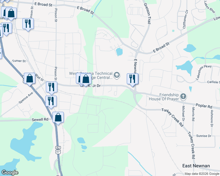 map of restaurants, bars, coffee shops, grocery stores, and more near 30 Cliff Circle in Newnan