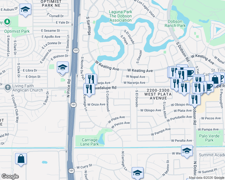 map of restaurants, bars, coffee shops, grocery stores, and more near 2512 West Osage Avenue in Mesa