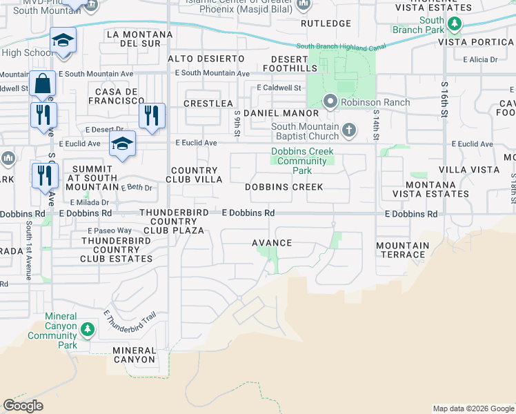 map of restaurants, bars, coffee shops, grocery stores, and more near 1013 East Milada Drive in Phoenix
