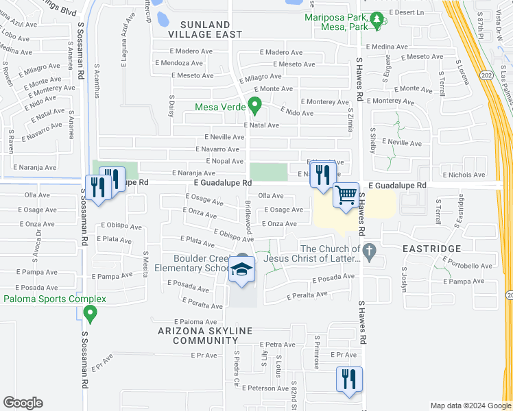 map of restaurants, bars, coffee shops, grocery stores, and more near 8102 East Osage Avenue in Mesa