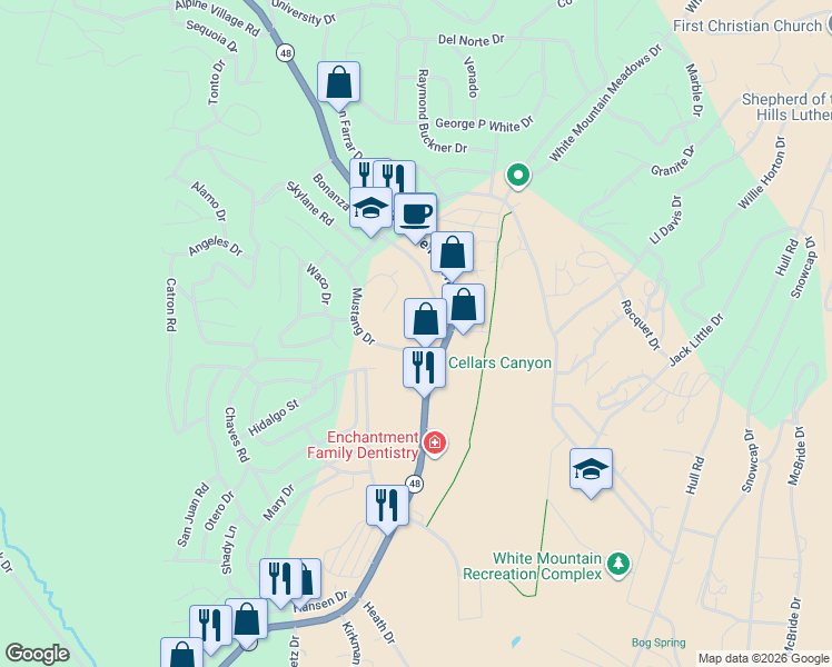 map of restaurants, bars, coffee shops, grocery stores, and more near 103 Bonanza Drive in Ruidoso
