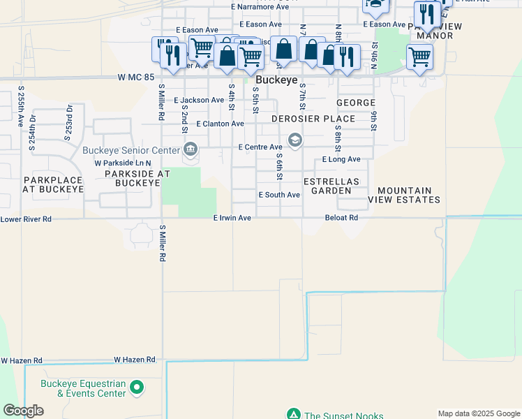 map of restaurants, bars, coffee shops, grocery stores, and more near 506 East Irwin Avenue in Buckeye