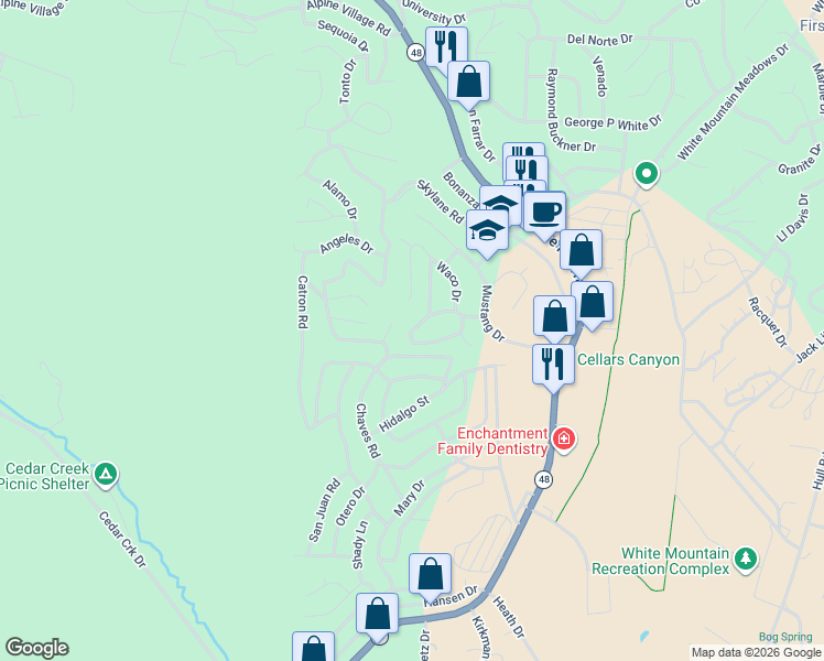 map of restaurants, bars, coffee shops, grocery stores, and more near 231 Travel Aire Road in Ruidoso