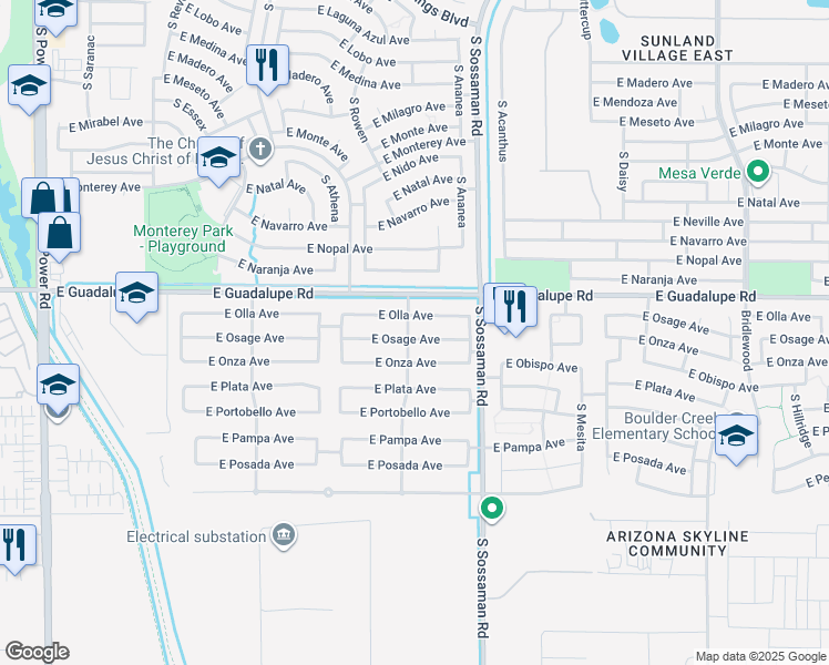 map of restaurants, bars, coffee shops, grocery stores, and more near 7452 East Onza Avenue in Mesa