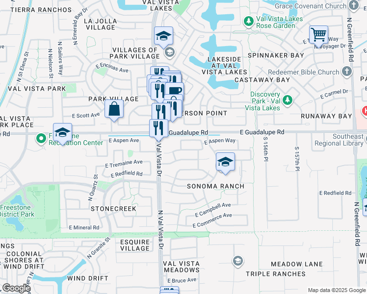 map of restaurants, bars, coffee shops, grocery stores, and more near 1674 East Barbarita Avenue in Gilbert