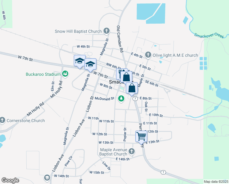 map of restaurants, bars, coffee shops, grocery stores, and more near 800 South Broadway Street in Smackover