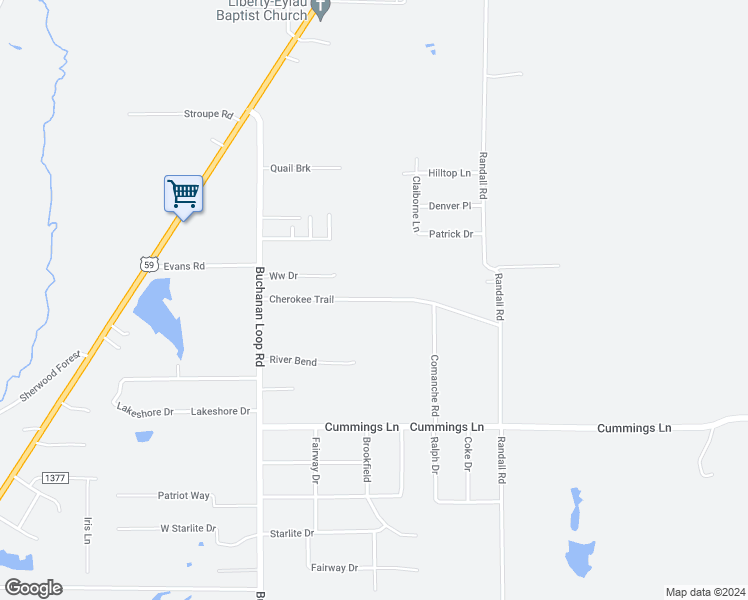 map of restaurants, bars, coffee shops, grocery stores, and more near Cherokee Trail in Bowie County