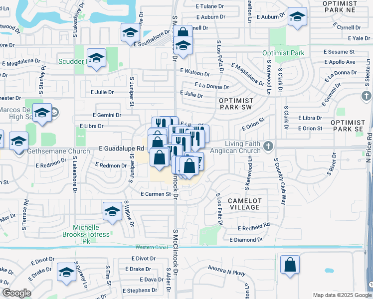 map of restaurants, bars, coffee shops, grocery stores, and more near 1835 East Guadalupe Road in Tempe