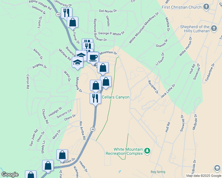 map of restaurants, bars, coffee shops, grocery stores, and more near Mechem Drive in Ruidoso