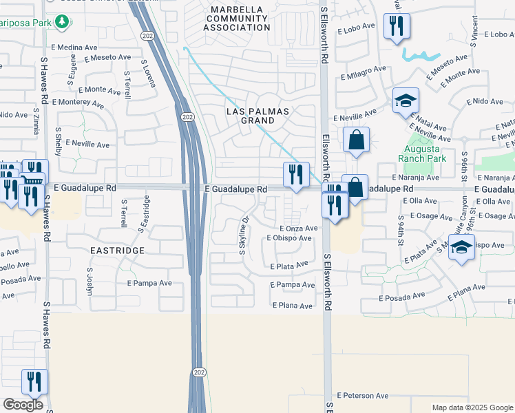 map of restaurants, bars, coffee shops, grocery stores, and more near 8944 East Obispo Avenue in Mesa